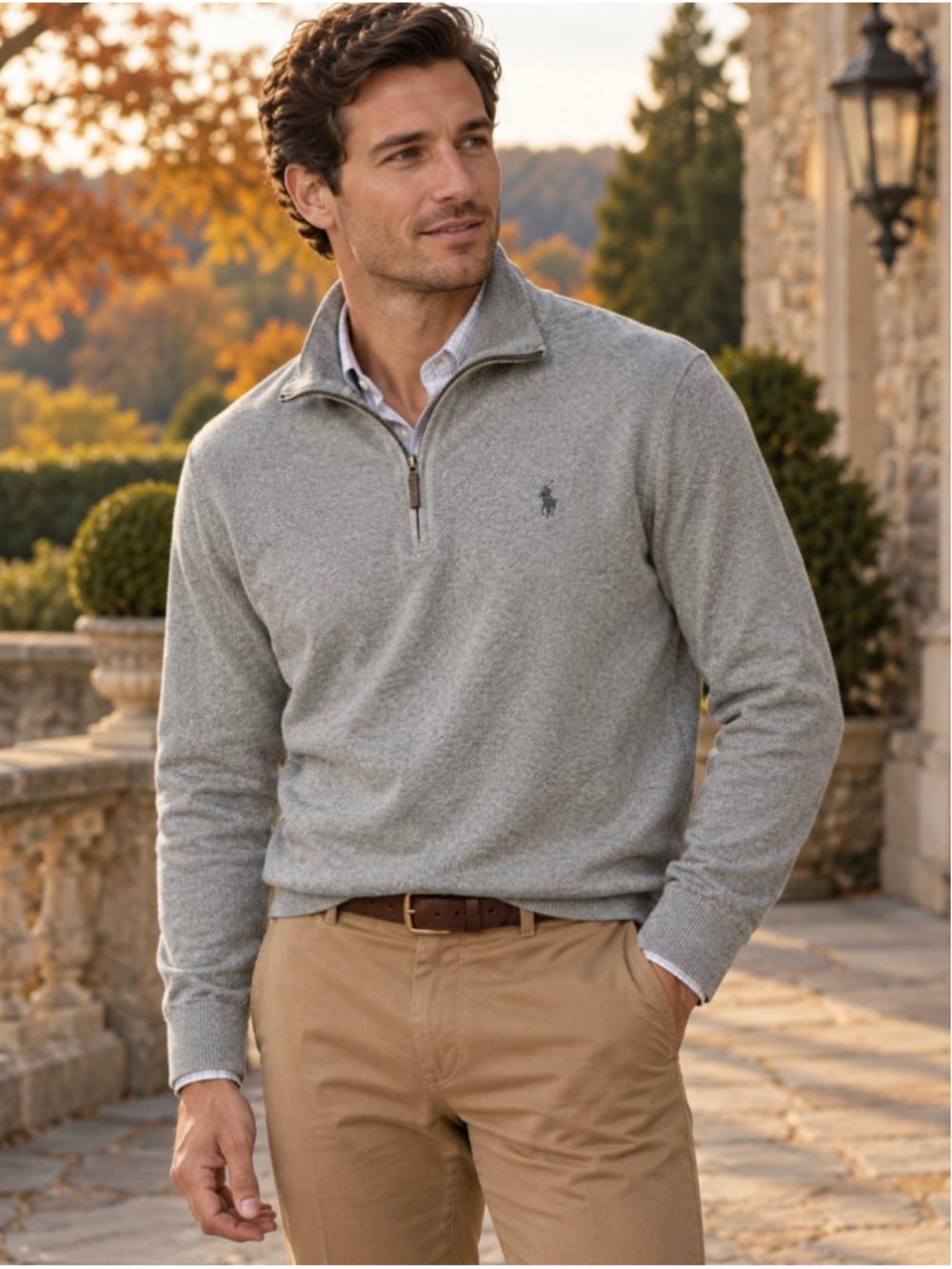 Vintage Polo Ralph Lauren Menβs L Gray 100% Silk Quarter Zip Sweater Pony Logo